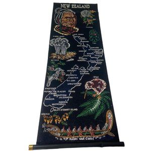 Vintage 1960’s New Zealand Velvet Tourist Scroll Wall Hanging 32.5”